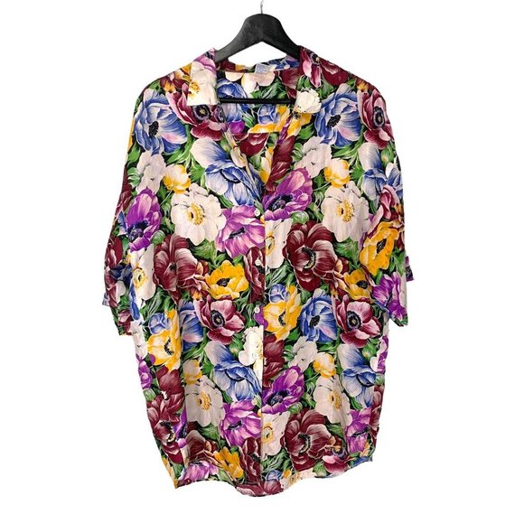 Vintage Tops - Vintage 90s Multicolor Silk Floral Print Button Up Short Sleeve Top Medium